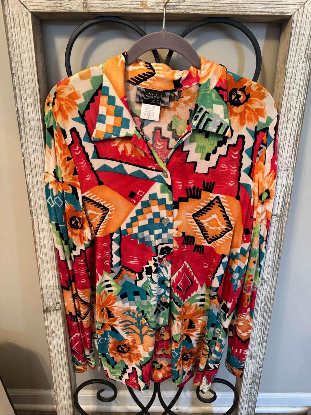 Slinky Brand Southwestern Floral Button Front Blouse USA Stretch Acetate‎ Small